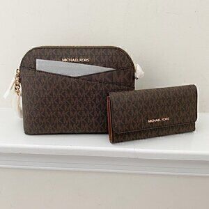 Michael Kors Jet Set Medium Dome Crossbody‎ Bag Large Trifold Wallet Set Brown